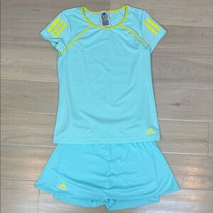 Girls Adidas Sky Blue & Neon Yellow Tennis Set | Skirt & Shirt | Girls Sz M